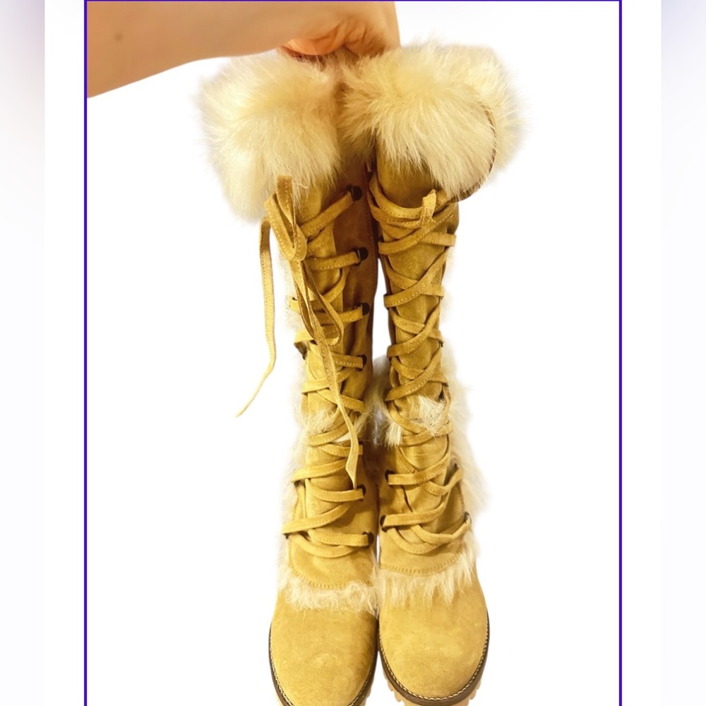 Faux Fur Lace-Up Knee-High Winter Coach Boots - Tan size 7.5 - Picture 3 of 9